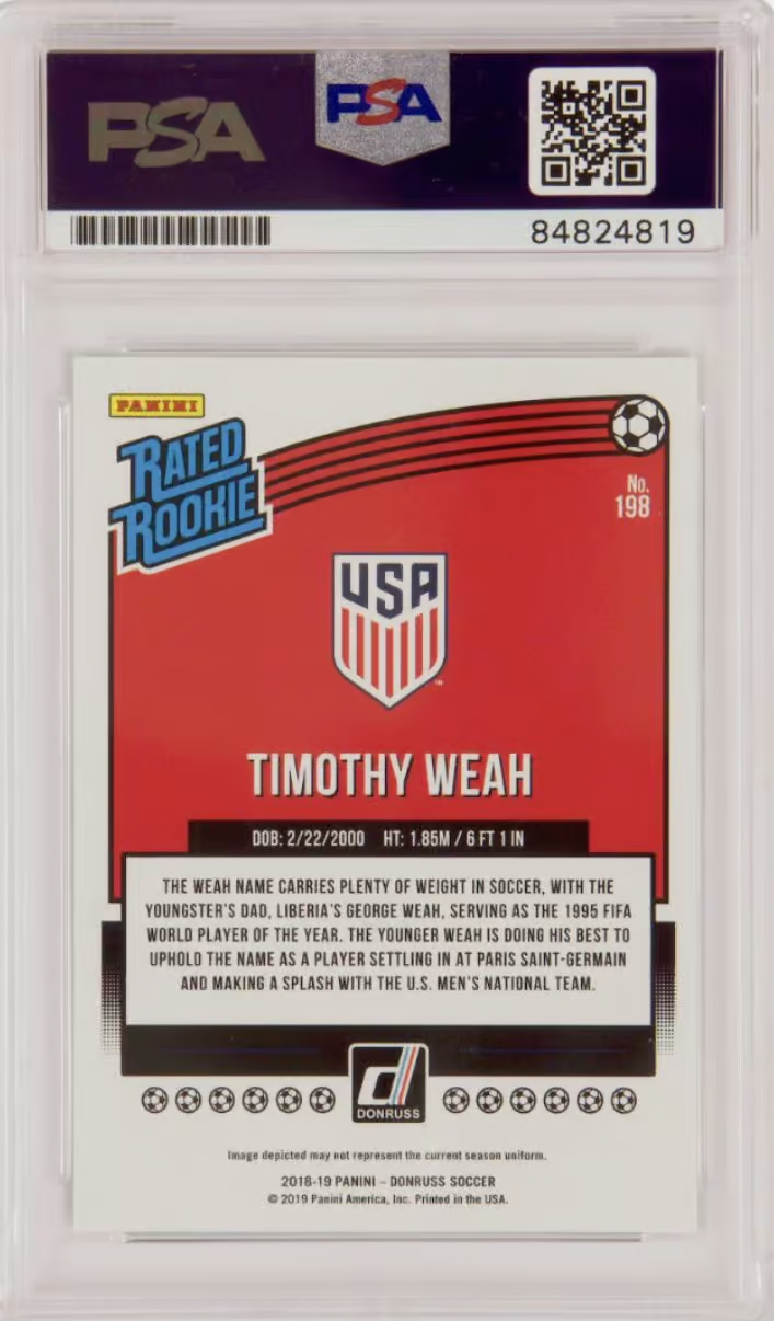 Timothy Weah Signed 2018-19 Panini Donruss Rated Rookie #198 – PSA 10 Autograph